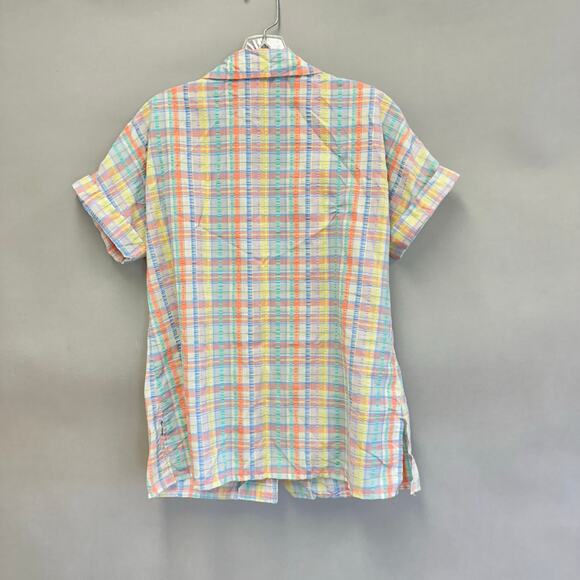 Vintage 80s plaid pastel seersucker roll short sleeve button up top small/medium - Picture 12 of 13